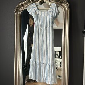 August Sky Blue & White Striped Midi Dress Small